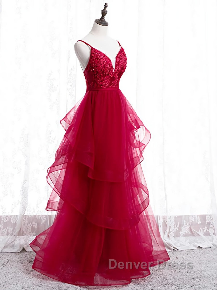 V Neck Burgundy Lace Prom Dress, Wine Red Lace Prom Graduation Dresses Secondary image