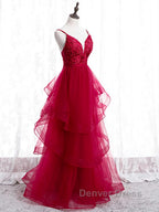 V Neck Burgundy Lace Prom Dress, Wine Red Lace Prom Graduation Dresses