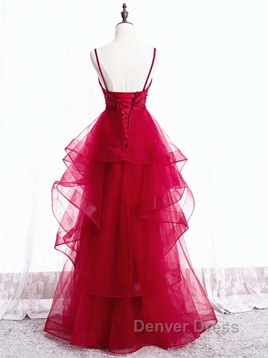 V Neck Burgundy Lace Prom Dress, Wine Red Lace Prom Graduation Dresses
