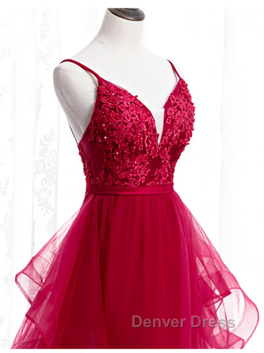 V Neck Burgundy Lace Prom Dress, Wine Red Lace Prom Graduation Dresses