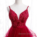 V Neck Burgundy Lace Prom Dress, Wine Red Lace Prom Graduation Dresses
