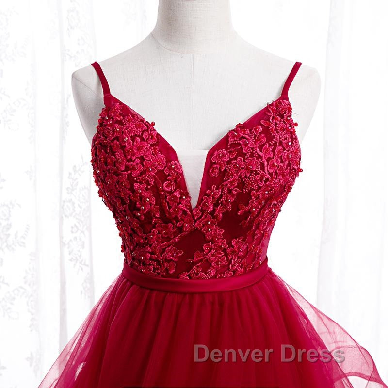 V Neck Burgundy Lace Prom Dress, Wine Red Lace Prom Graduation Dresses
