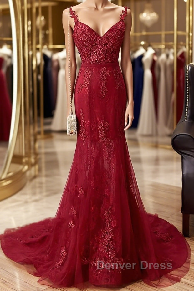 V Neck Burgundy Mermaid Lace Prom Dress, Wine Red Mermaid Lace Prom Bridesmaid Dresses