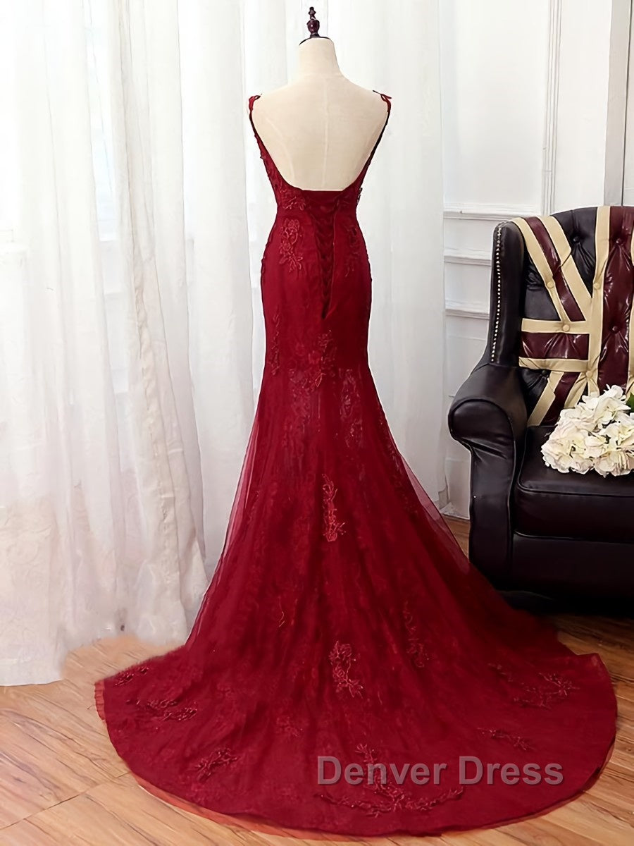 V Neck Burgundy Mermaid Lace Prom Dress, Wine Red Mermaid Lace Prom Bridesmaid Dresses Secondary image
