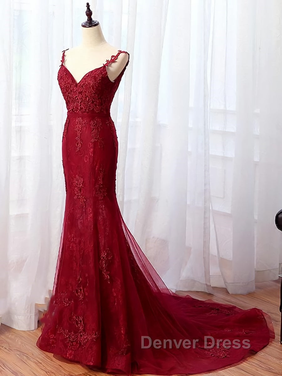 V Neck Burgundy Mermaid Lace Prom Dress, Wine Red Mermaid Lace Prom Bridesmaid Dresses