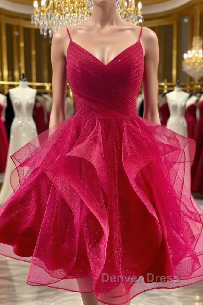 V Neck Burgundy Tulle Short Prom Dress, V Neck Burgundy Homecoming Dress, Burgundy Graduation Prom Dresses Main image