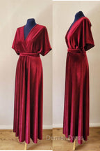 V Neck Burgundy Velvet Long Bridesmaid Dresses