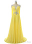 V Neck Cap Sleeves Chiffon Crystals Open Back Long Prom Dresses