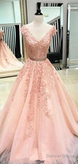 V Neck Cap Sleeves Peach Lace A-Line Long Evening Prom Dresses