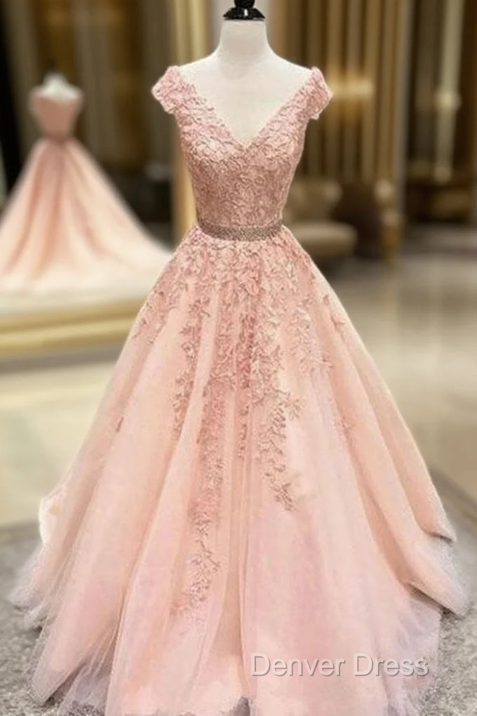V Neck Cap Sleeves Peach Lace A-Line Long Evening Prom Dresses Main image