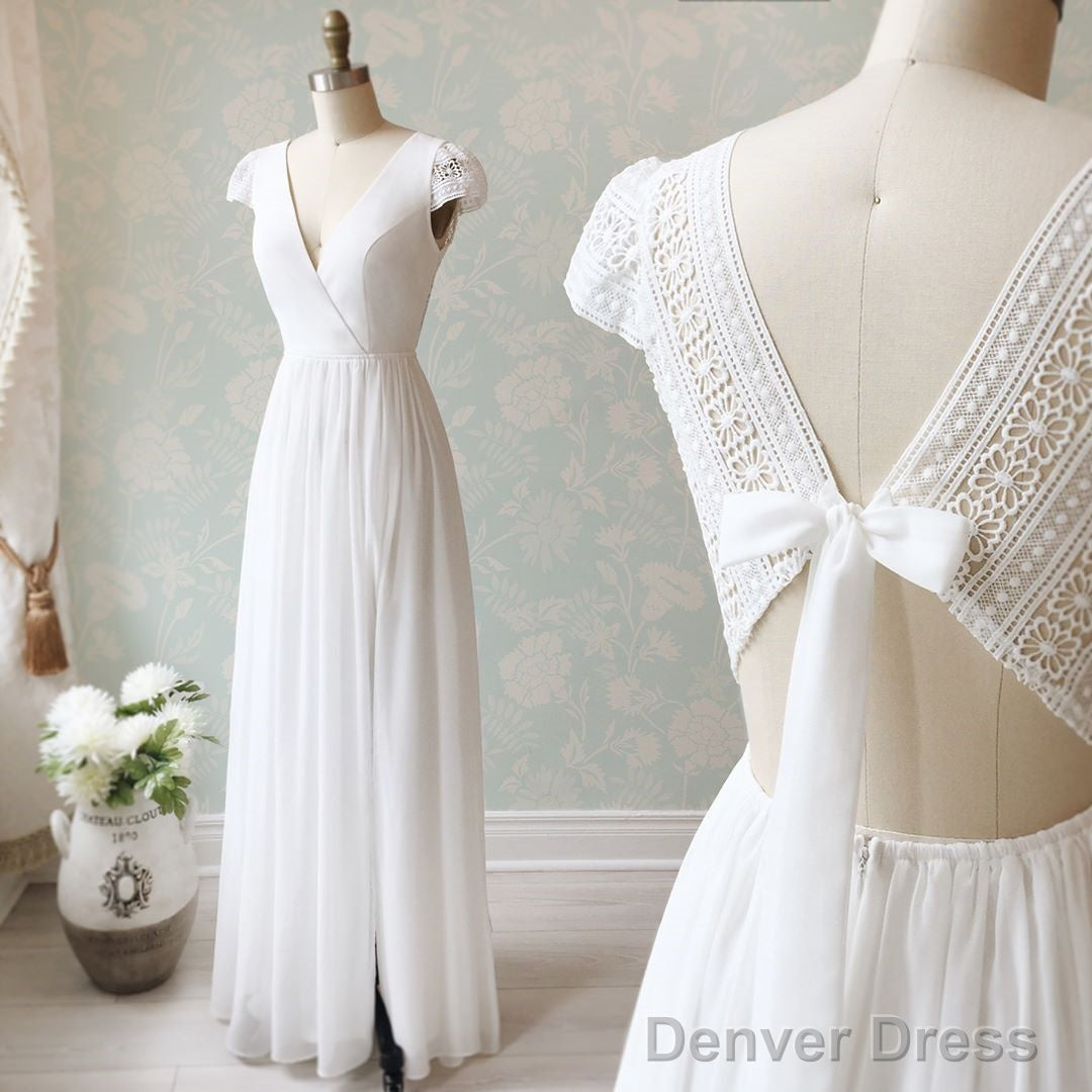 V Neck Cap Sleeves White Long Lace Prom Dresses, Cap Sleeves White Lace Wedding Formal Evening Dresses Secondary image