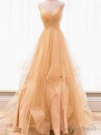 V Neck Champagne Backless Wedding Dresses, Champagne Backless Prom Dresses, Formal Dresses