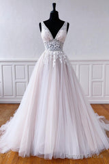 V Neck Champagne Lace Wedding Dresses, V Neck Champagne Lace Formal Prom Dresses