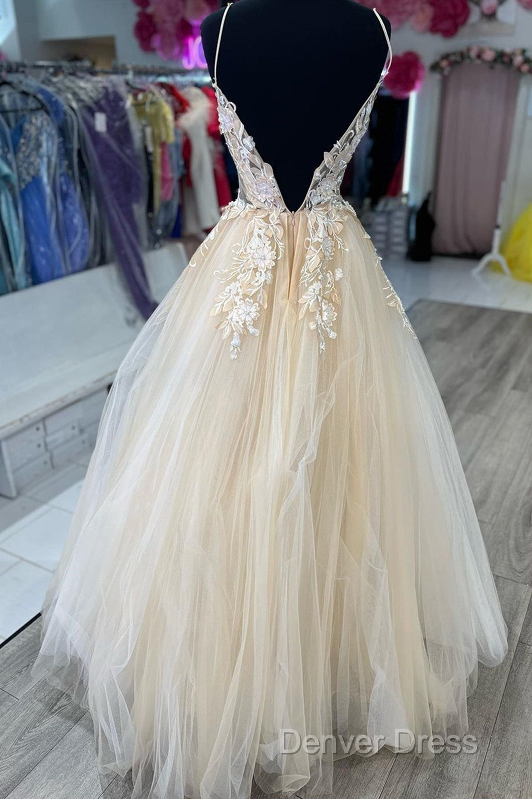 V Neck Champagne Tulle Lace Wedding Dresses, Champagne Tulle Lace Formal Prom Dresses Secondary image