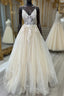 V Neck Champagne Tulle Lace Wedding Dress, Champagne Tulle Lace Prom Dresses