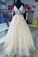 V Neck Champagne Tulle Lace Wedding Dresses, Champagne Tulle Lace Formal Prom Dresses