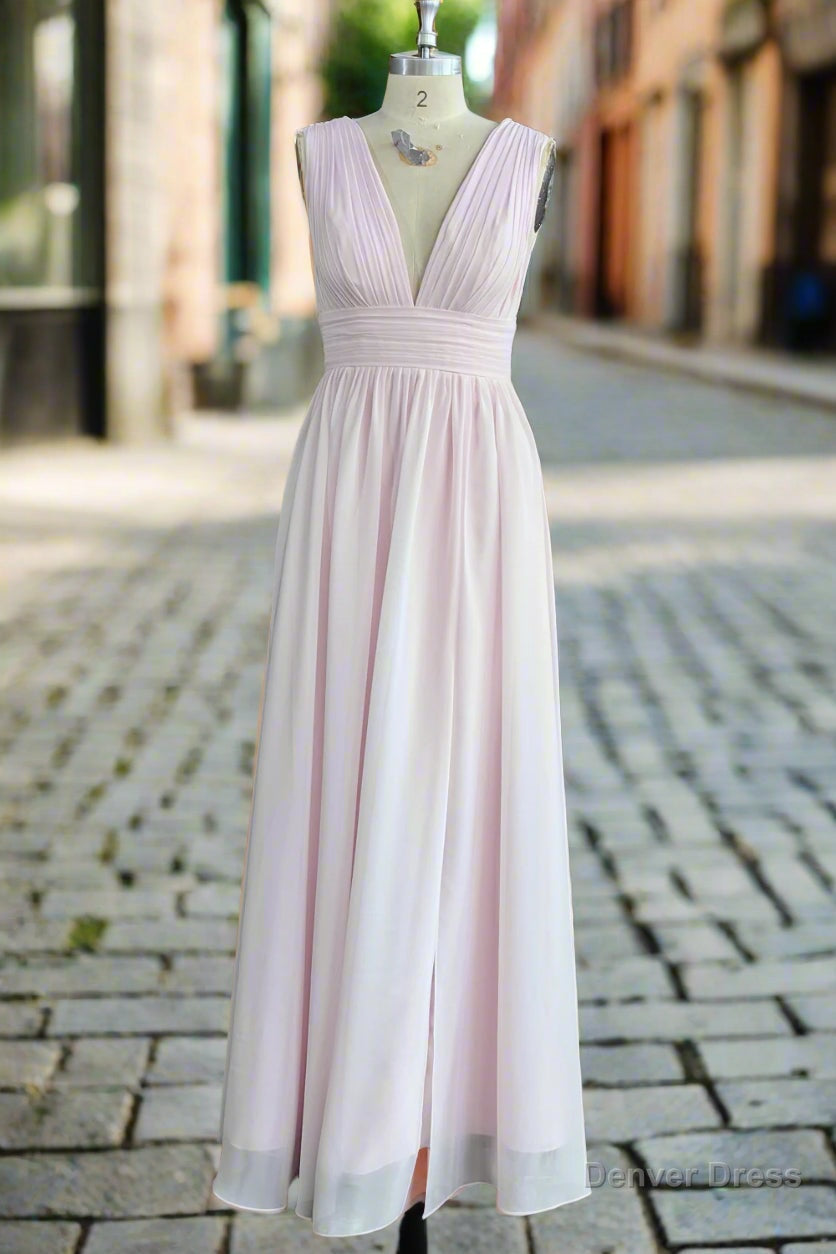 V Neck Chiffon Long Bridesmaid Dress with Split Wedding Guest Dresses Main image
