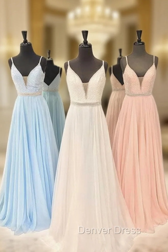V Neck Chiffon Sequin Long Prom Dresses, Cute Formal Dresses Main image