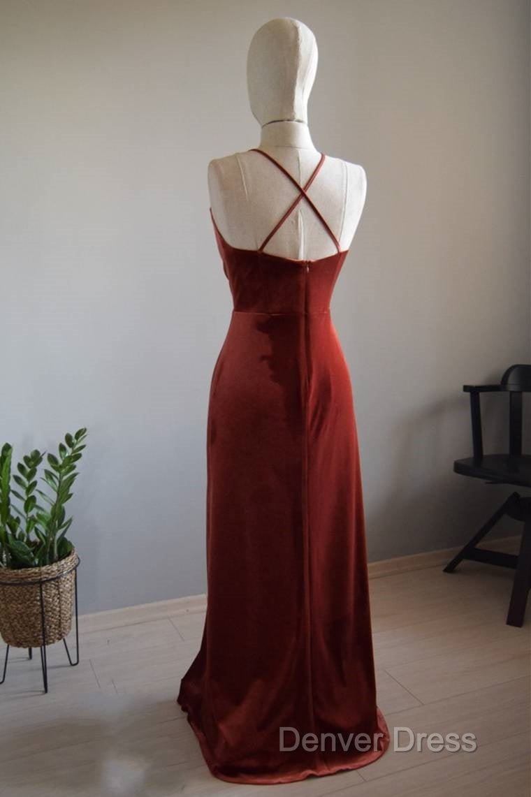 V Neck Copper Velvet Long Bridesmaid Dresses With Strap Back