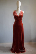 V Neck Copper Velvet Long Bridesmaid Dresses With Strap Back