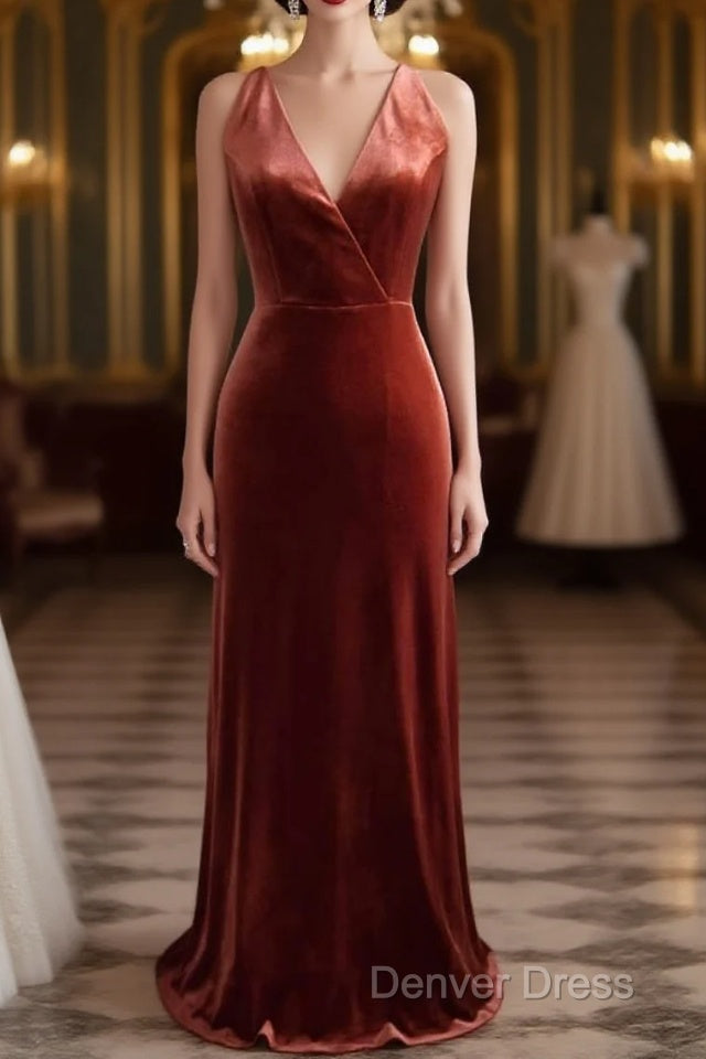 V-Neck Copper Velvet Long Bridesmaid Dresses With Strap Back Main image