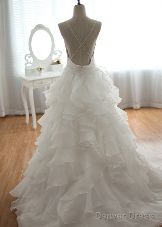 V Neck Court Train Backless White Wedding Dresses, Backless Wedding Prom Gown Secondary image