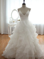 V Neck Court Train Backless White Wedding Dresses, Backless Wedding Prom Gown