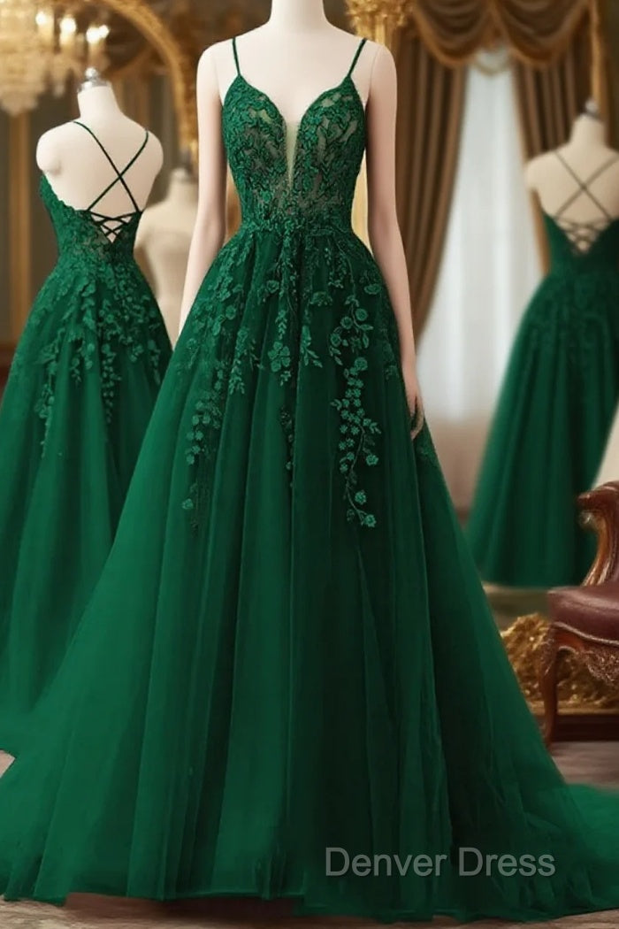 V Neck Dark Green Lace Long Prom Dresses, V Neck Dark Green Lace Long Formal Evening Dresses Main image