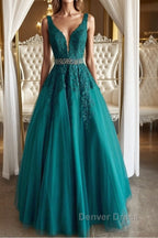 V Neck Dark Green Lace Prom Dress, Dark Green Lace Prom Dresses