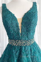 V Neck Dark Green Lace Prom Dress, Dark Green Lace Prom Dresses