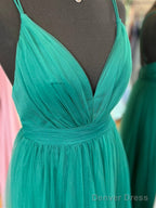V Neck Dark Green Tulle Long Prom Dresses, V Neck Green Tulle Long Formal Evening Dresses