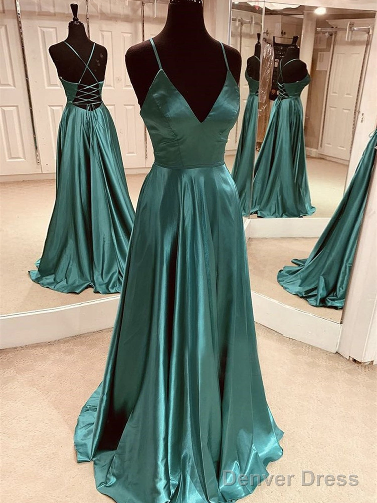 V Neck Emerald Green Open Back Long Prom Dresses, Green Satin Formal Evening Dresses Main image