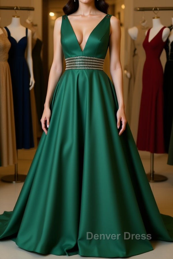 V Neck Emerald Green Satin Long Prom Dress, Emerald Green Prom Graduation Prom Dresses Main image