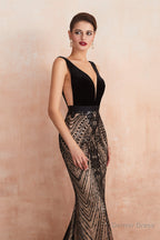 V Neck Fitted Mermaid Black Prom Dresses with Sequins