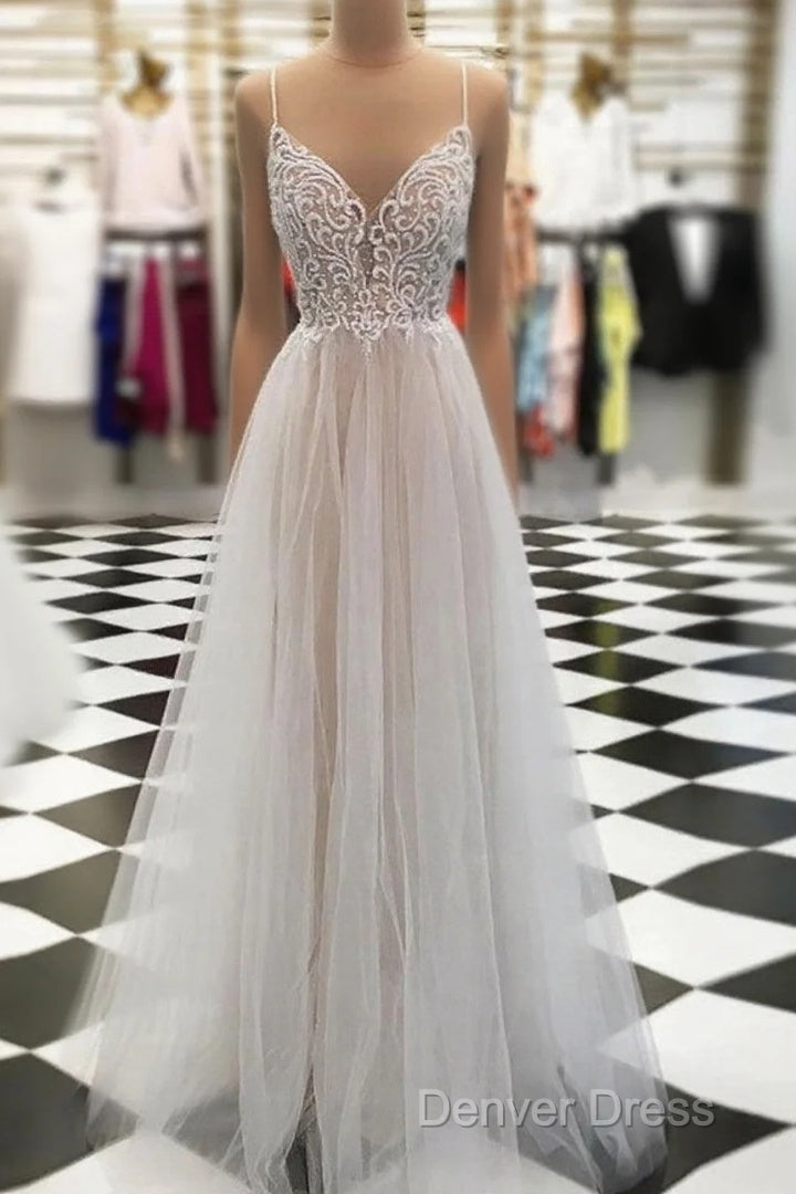 V Neck Floor Length Champagne Lace Prom Dress, Champagne Lace Wedding Dress, Prom Dresses Main image