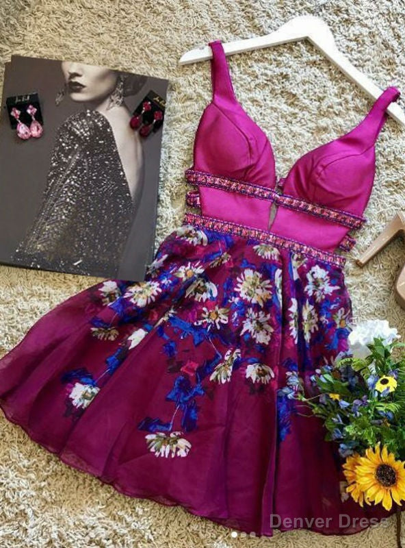 V Neck Floral Homecoming Dresses Ball Gown Fuchsia Main image