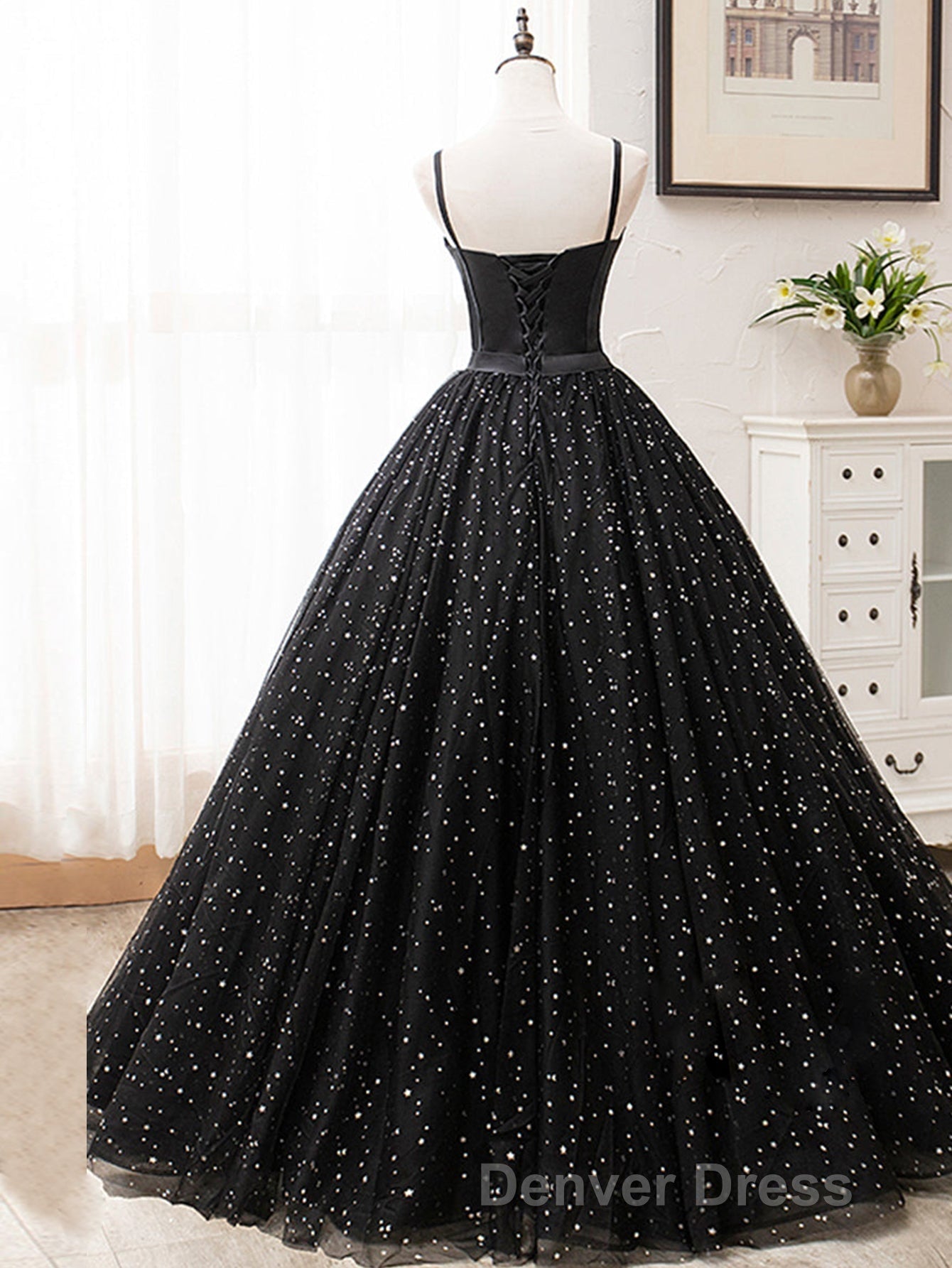 V Neck Glitter Black Long Prom Dresses Secondary image