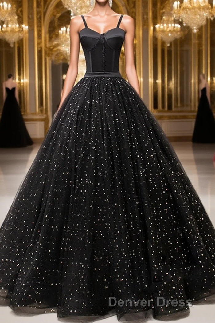 V Neck Glitter Black Long Prom Dresses Main image