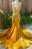 V Neck Gold Velvet Sleeveless Mermaid Long Court Train Prom Dresses