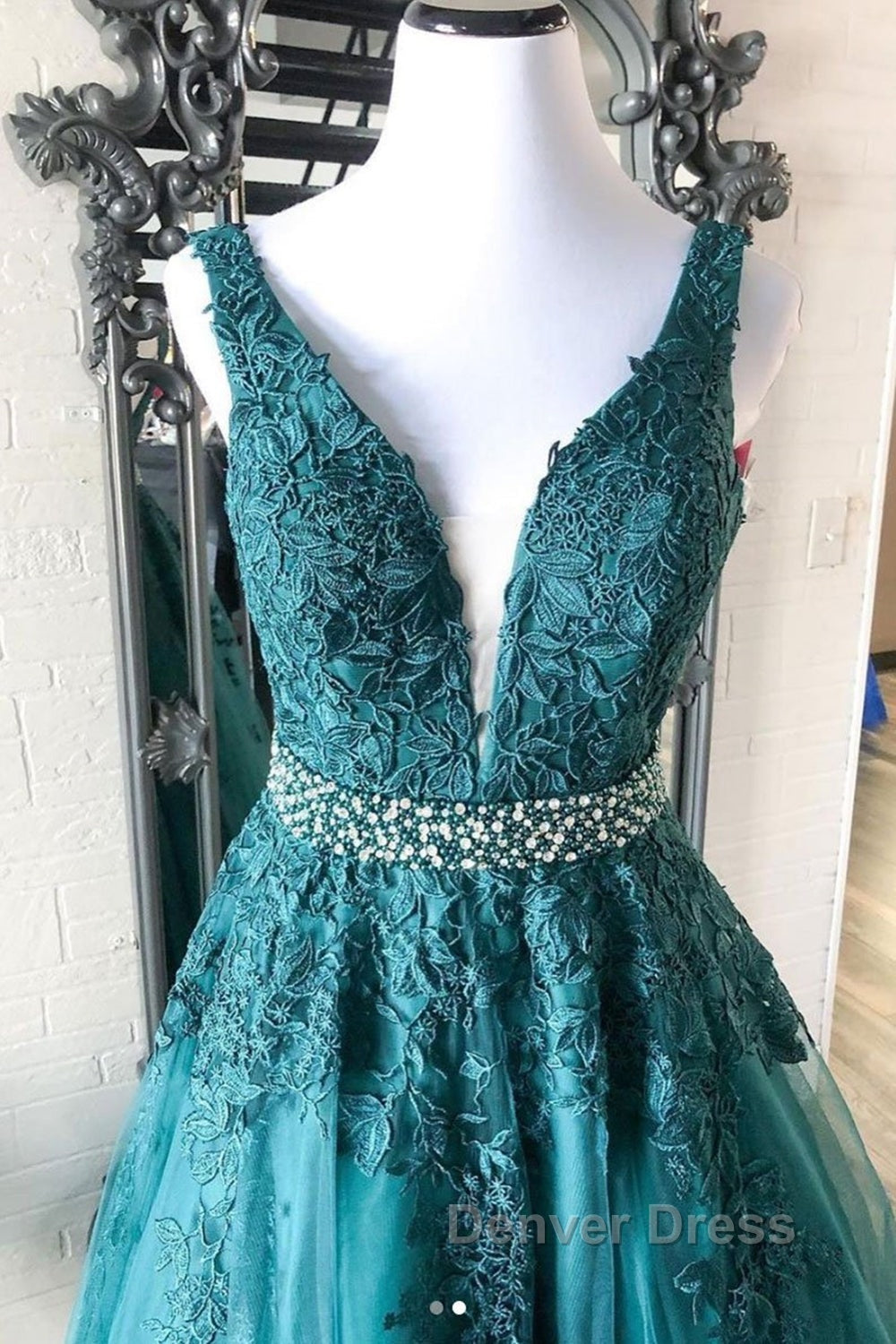V Neck Green Lace Long Prom Dress with Beaded Belt, Long Green Lace Prom Dresses