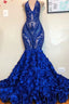 V-Neck Halter Sequins Pattern Floral Sweep Train Prom Dresses