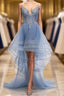 V Neck High Low Blue Lace Prom Dress, Blue Lace High Low Prom Graduation Dresses