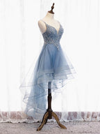 V Neck High Low Blue Lace Prom Dress, Blue Lace High Low Prom Graduation Dresses