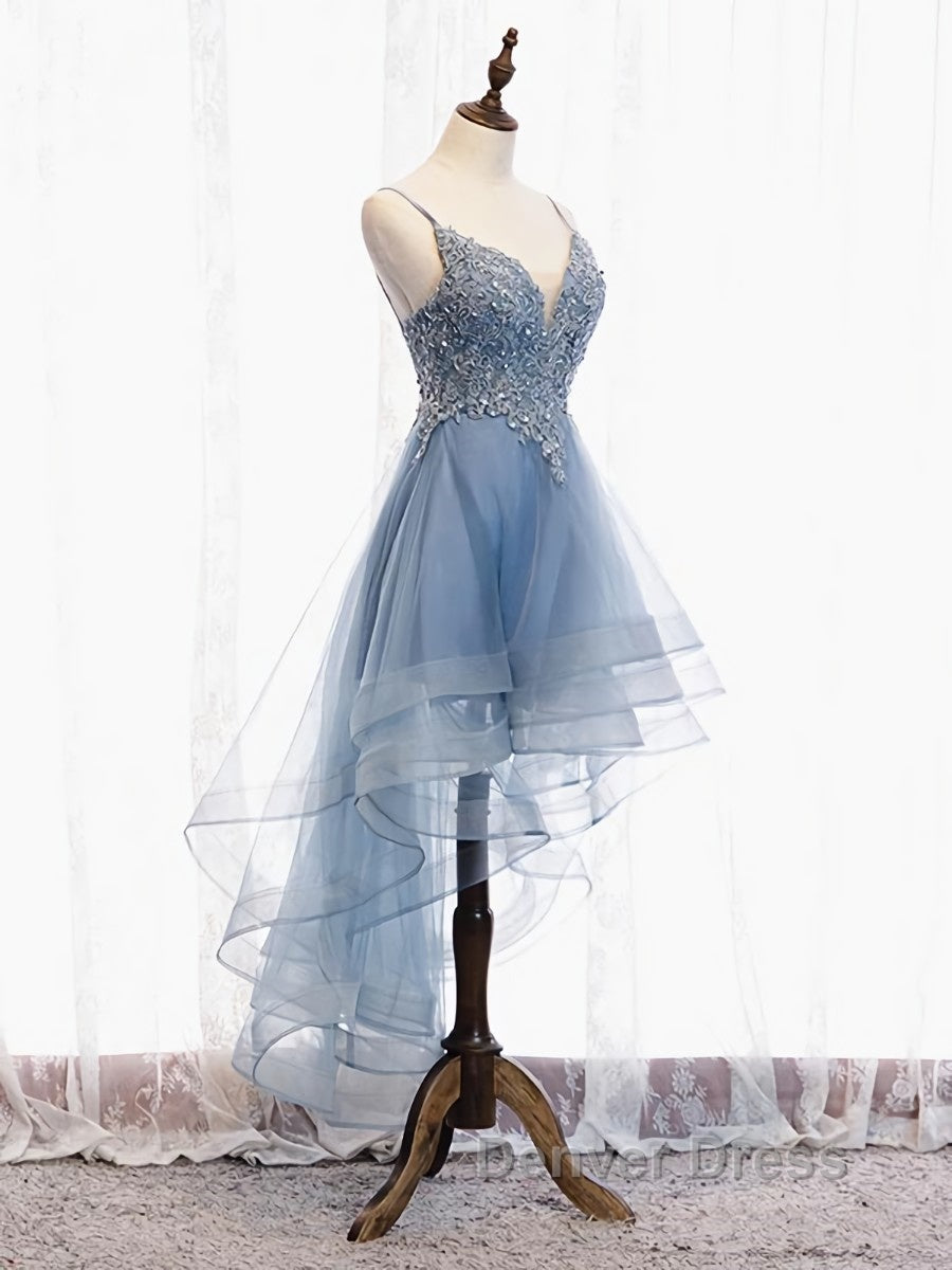 V Neck High Low Blue Lace Prom Dress, Blue Lace High Low Prom Graduation Dresses