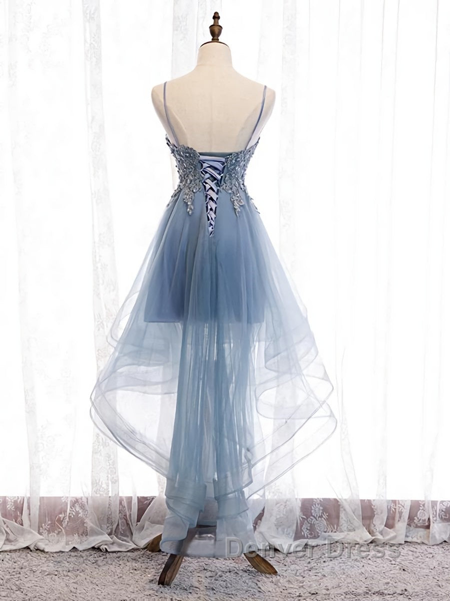 V Neck High Low Blue Lace Prom Dress, Blue Lace High Low Prom Graduation Dresses