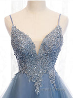 V Neck High Low Blue Lace Prom Dress, Blue Lace High Low Prom Graduation Dresses