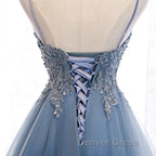 V Neck High Low Blue Lace Prom Dress, Blue Lace High Low Prom Graduation Dresses