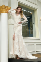 V Neck High Split Long Sleeves Lace Wedding Dresses With Court Train