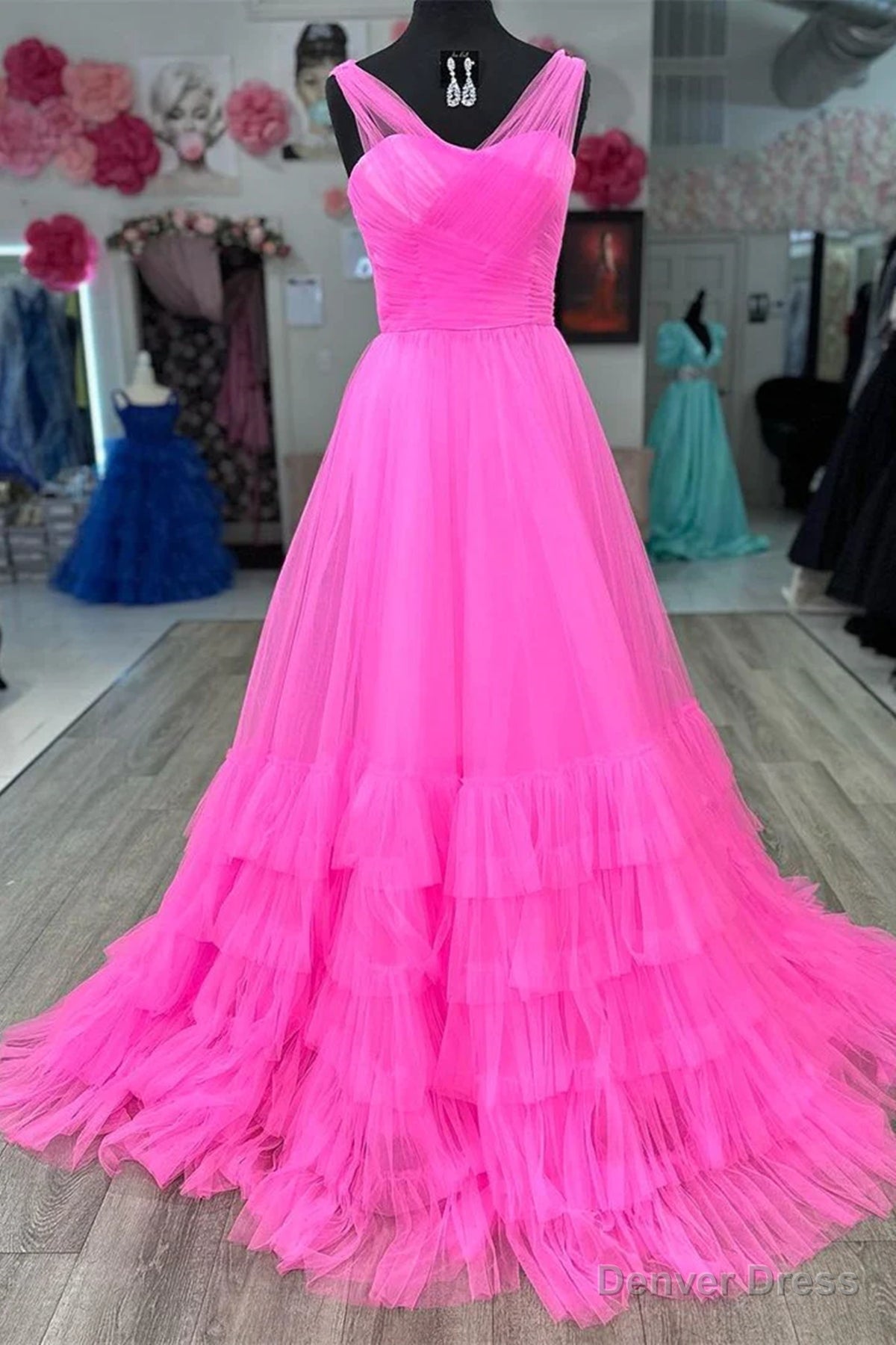 V Neck Hot Pink Black Long Prom Dress, Pink Black Long Prom Dresses Secondary image