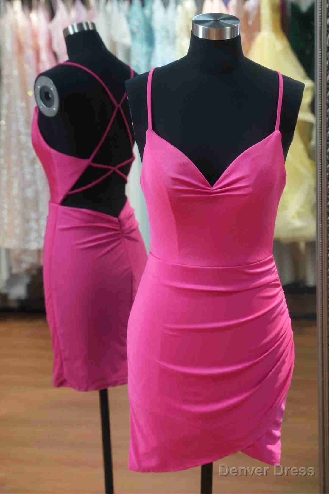 V Neck Hot Pink Pleated Bodycon Homecoming Dresses
